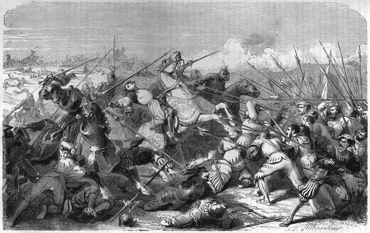 Slag bij Ravenna (Italië), dood van Gaston van Foix hertog van Nemours (1489-1512) op 11 april 1512. Gravure uit de 19e eeuw. door Unknown artist