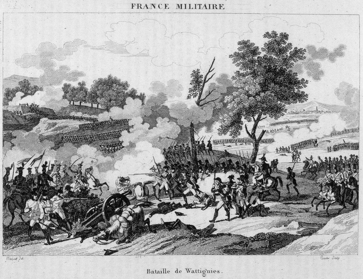Slag bij Wattignies: Jourdan en Carnot wonnen de overwinning om de stad Maubeuge te ontgrendelen, belegerd door de Oostenrijkers, oktober 1793. Gravure 19e eeuw door Unknown artist
