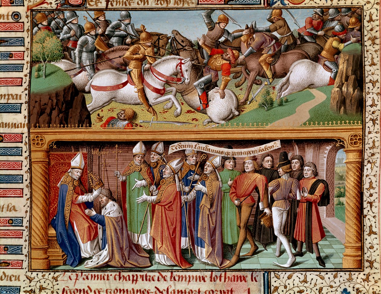 Slagscene en kroning van keizer Lotharius II van Supplinburg. Miniatuur in 