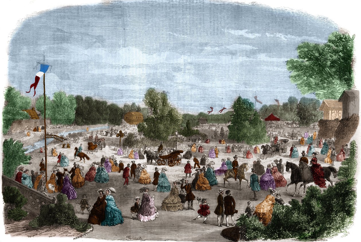 Mooie dagen in het Bois de Boulogne in Parijs. Gravure in 