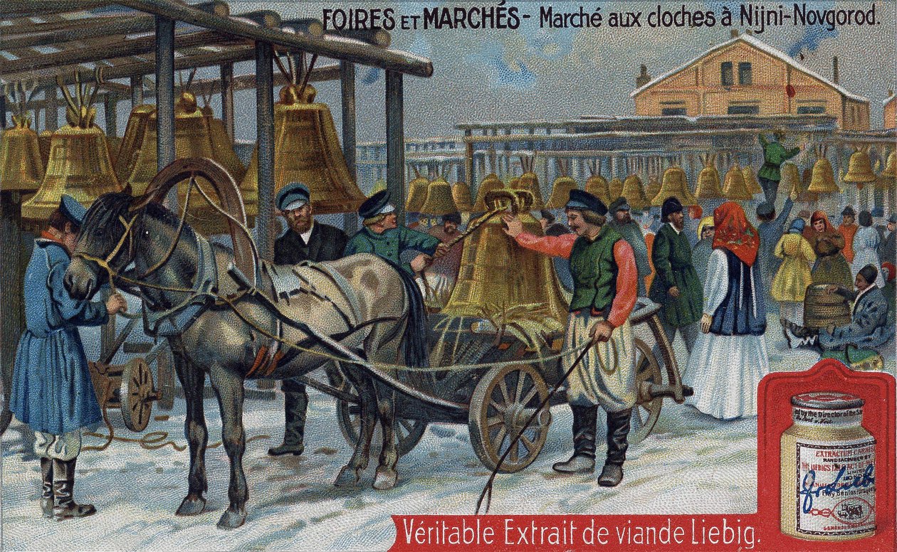 Klokkenmarkt in Nizhny Novgorod (Rusland). Chromo Liebig uit het einde van de 19e eeuw door Unknown artist