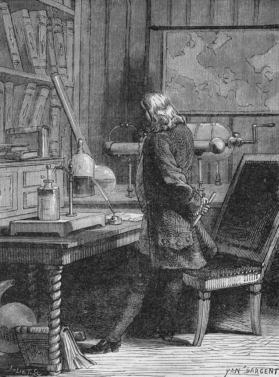 Benjamin Franklin in zijn natuurkundelaboratorium in Philadelphia. In 
