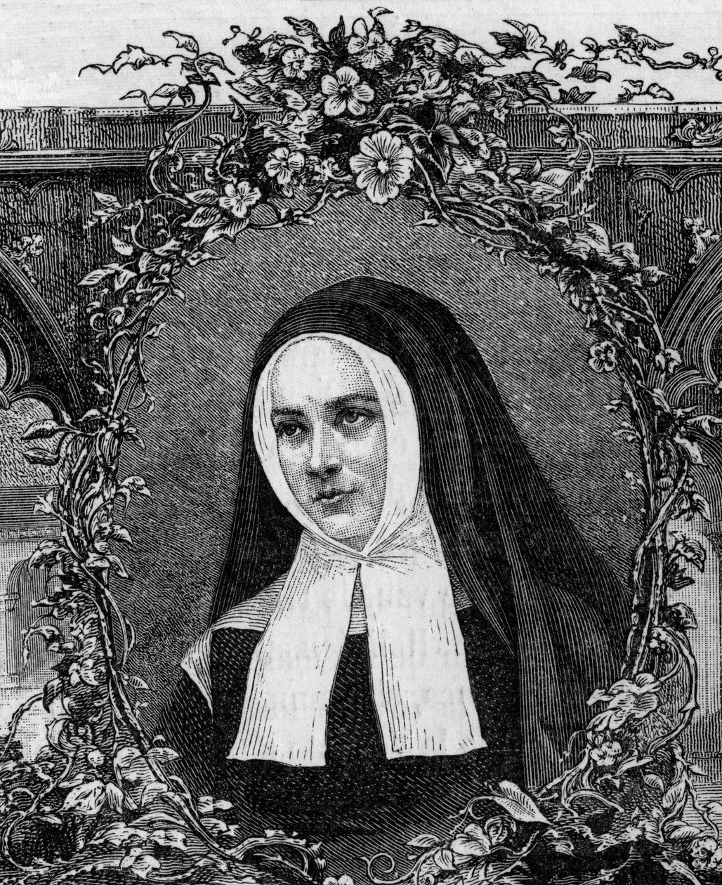 Bernadette Soubirous (1844-1879) in religieuze kleding. Gegraveerd vanaf 1877 door Unknown artist