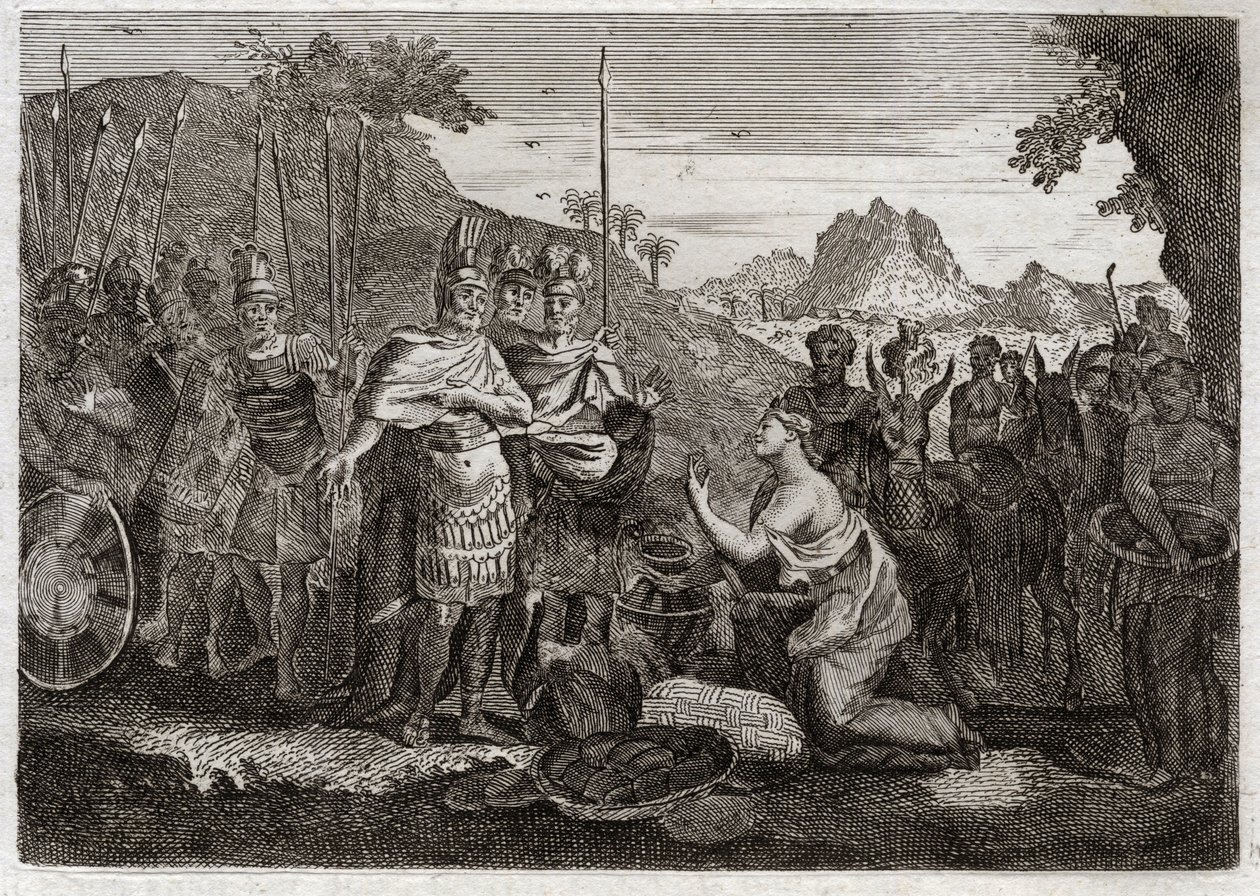 Bijbel van Royaumont, Oude Testament: Abigail. Abigail, de vrouw van Nabal, kalmeert Davids woede met haar wijsheid. Illustratie uit 1811. door Unknown artist