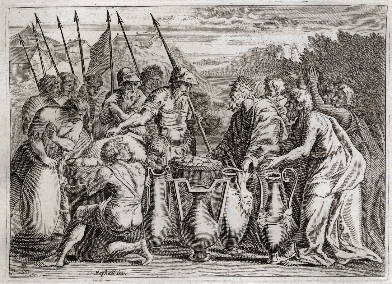 Bijbel van Royaumont, Oude Testament: Abraham bevrijdt Lot. Abraham redt Lot zijn neef uit de handen van vijanden. De Hogepriester Melchisedek zegent. De koning van Sodom bood hem aan door Unknown artist