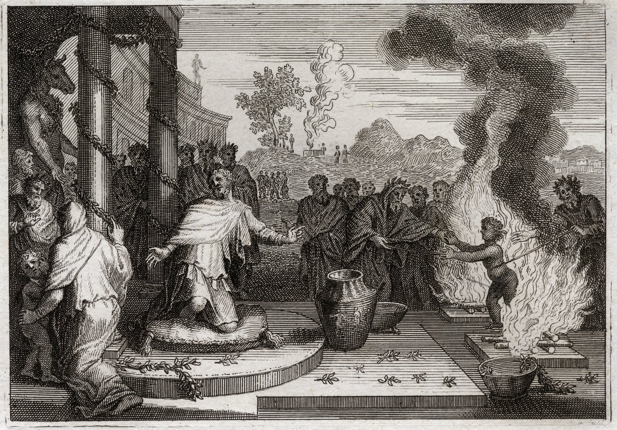 Bijbel van Royaumont, Oude Testament: Ahaz Onheilige Koning. De slechte Ahaz, koning van Juda, irriteert God en wordt aan de vijanden overgeleverd. Illustratie uit 1811. door Unknown artist