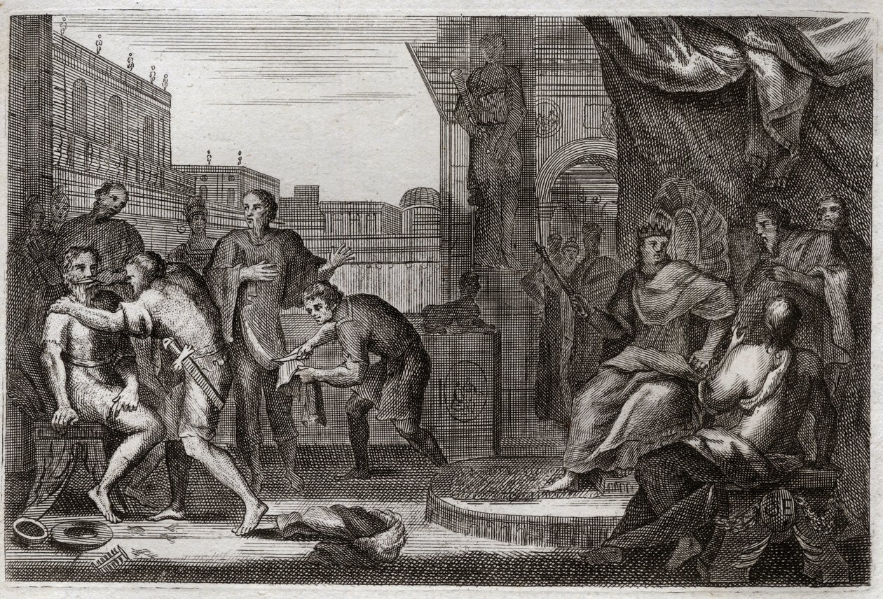 Bijbel van Royaumont, Oude Testament: Ambassadeurs van David. David stuurde Joab tegen de Ammonieten om wraak te nemen voor de belediging die Hanon, hun prins, zijn ambassadeurs had aangedaan, die hij voor spionnen had aangezien. Illustratie uit 1811. door Unknown artist