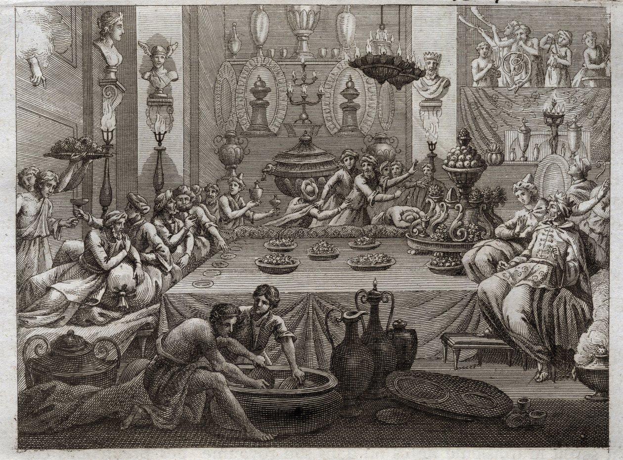 Bijbel van Royaumont, Oude Testament: Balthazar veroordeelt. Koning Balthazar (Belshatsar) ziet aan tafel een hand die in drie woorden het einde van zijn vonnis schrijft. Illustratie uit 1811. door Unknown artist