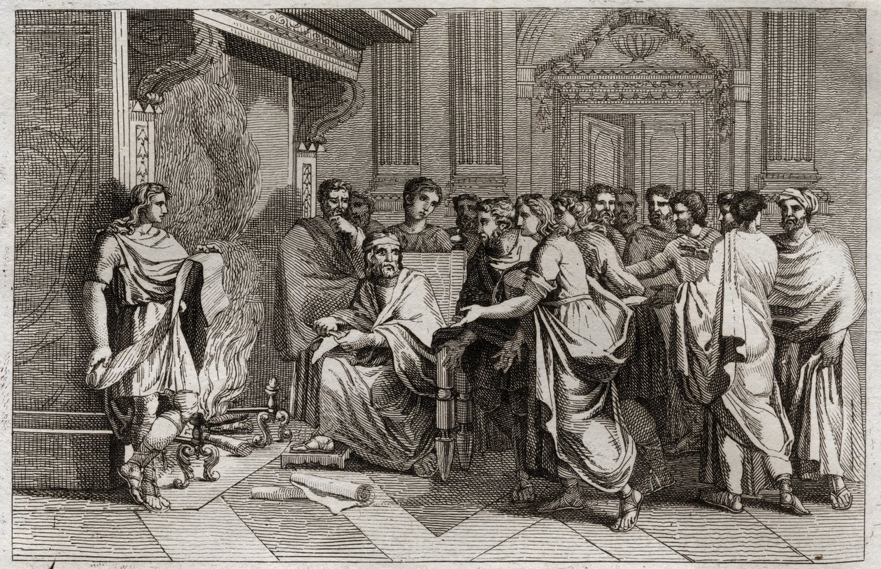 Bijbel van Royaumont, Oude Testament: Baruch profeet. Koning Jojakim (Joachim, Joachin, Jechonias) snijdt de rol met de profetieën van Jeremia, opgeschreven door zijn leerling Baruch (Baruch ben Neria), in stukken en gooit deze in het vuur. Illustratie uit door Unknown artist
