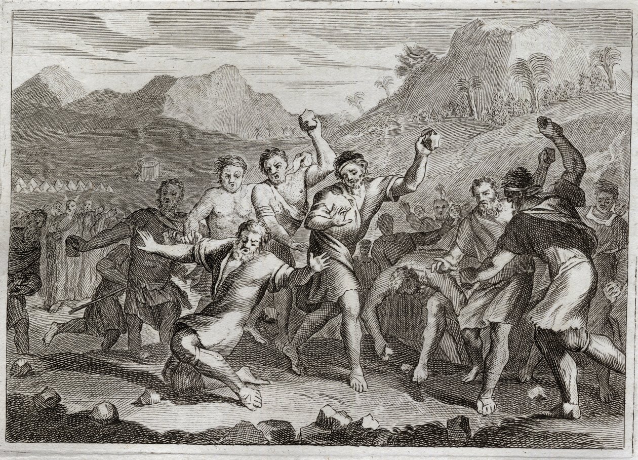 Bijbel van Royaumont, Oude Testament: God maakt een lasteraar van zijn heilige naam tot steen, en een ander die de heilige sabbat schond door wat stro te verzamelen op het veld. Illustratie uit 1811. door Unknown artist