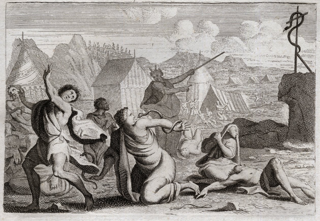 Bijbel van Royaumont, Oude Testament: Koperen slang. Het volk mopperde tegen God en tegen Mozes, en werd gestraft door vurige slangen; van wie ze gewond waren door een koperen slang, die Mozes had opgericht om door het hele volk gezien te worden. Illustrat door Unknown artist