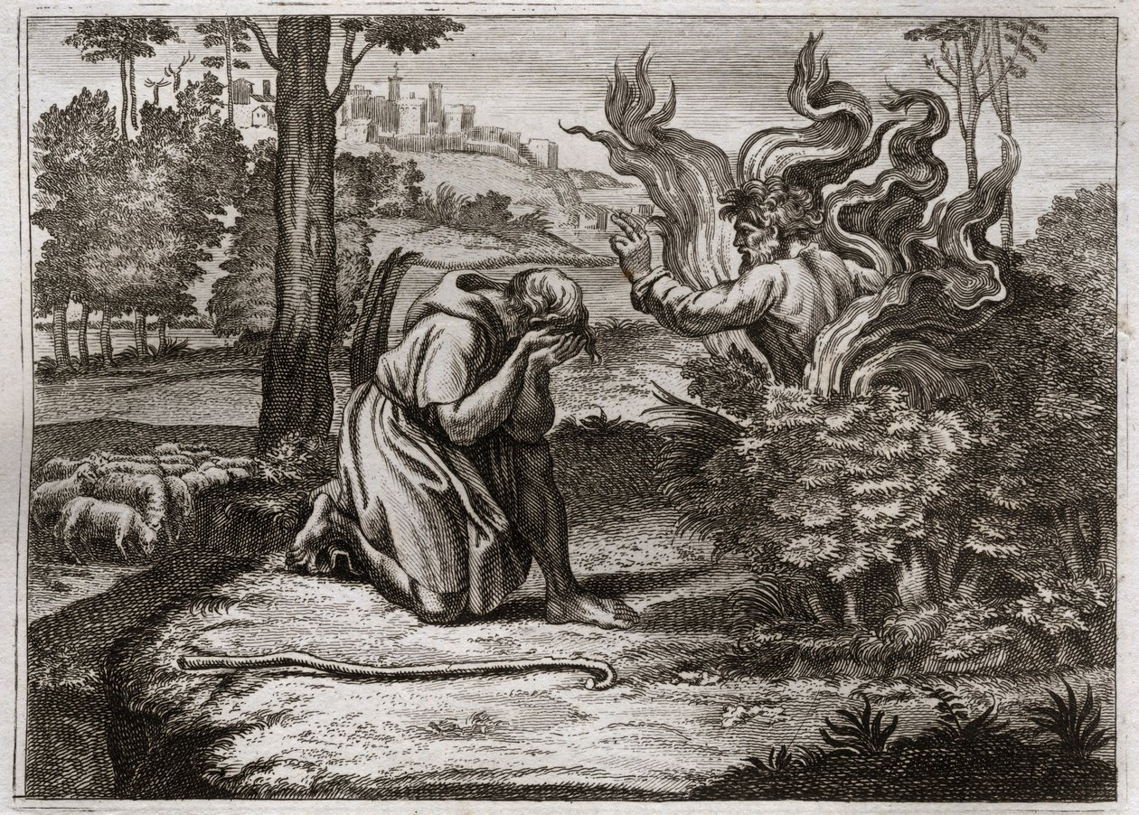 Royaumont Bijbel, Oude Testament: Brandende Braamstruik. God spreekt tot Mozes vanuit een brandende braamstruik. Illustratie uit 1811. door Unknown artist