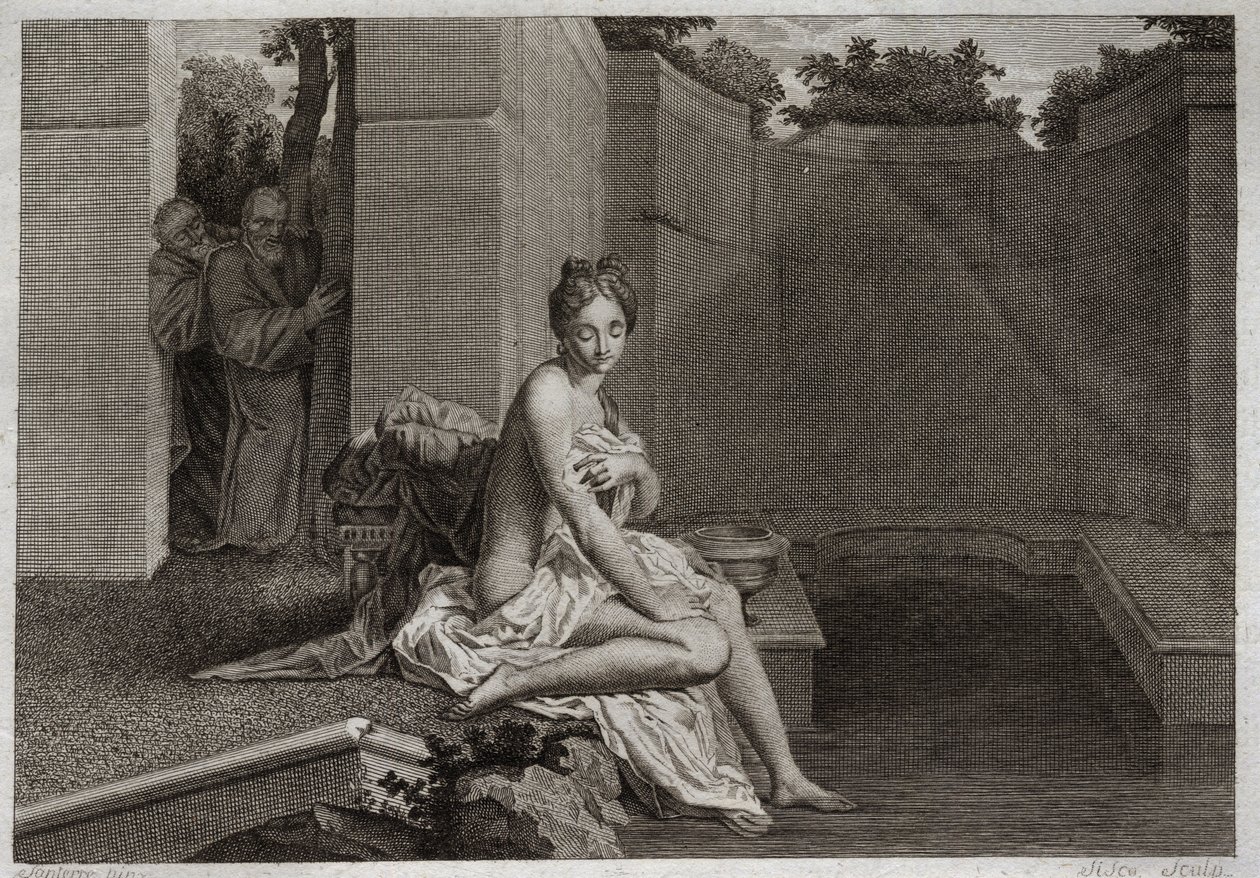 Royaumont Bijbel, Oude Testament: Kuisheid van Susanna. Twee ouderlingen, rechters van het volk, proberen de kuisheid van Susanna te corrumperen terwijl ze alleen in haar tuin was en een bad nam. Illustratie uit 1811. door Unknown artist