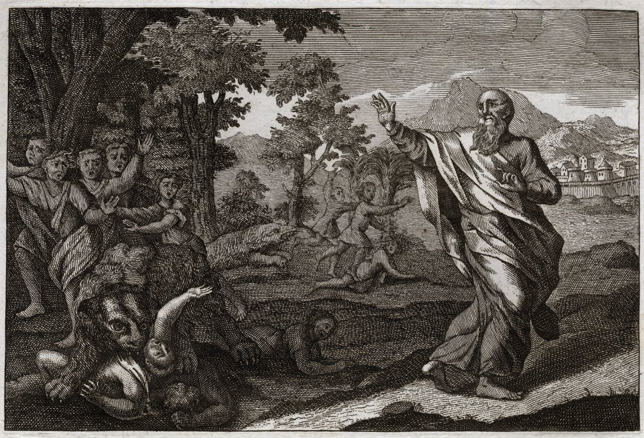 Royaumont Bijbel, Oude Testament: Kinderen verscheurd door beren. Kinderen die de kaalheid van Elisa bespotten worden verscheurd door beren. Illustratie uit 1811. door Unknown artist