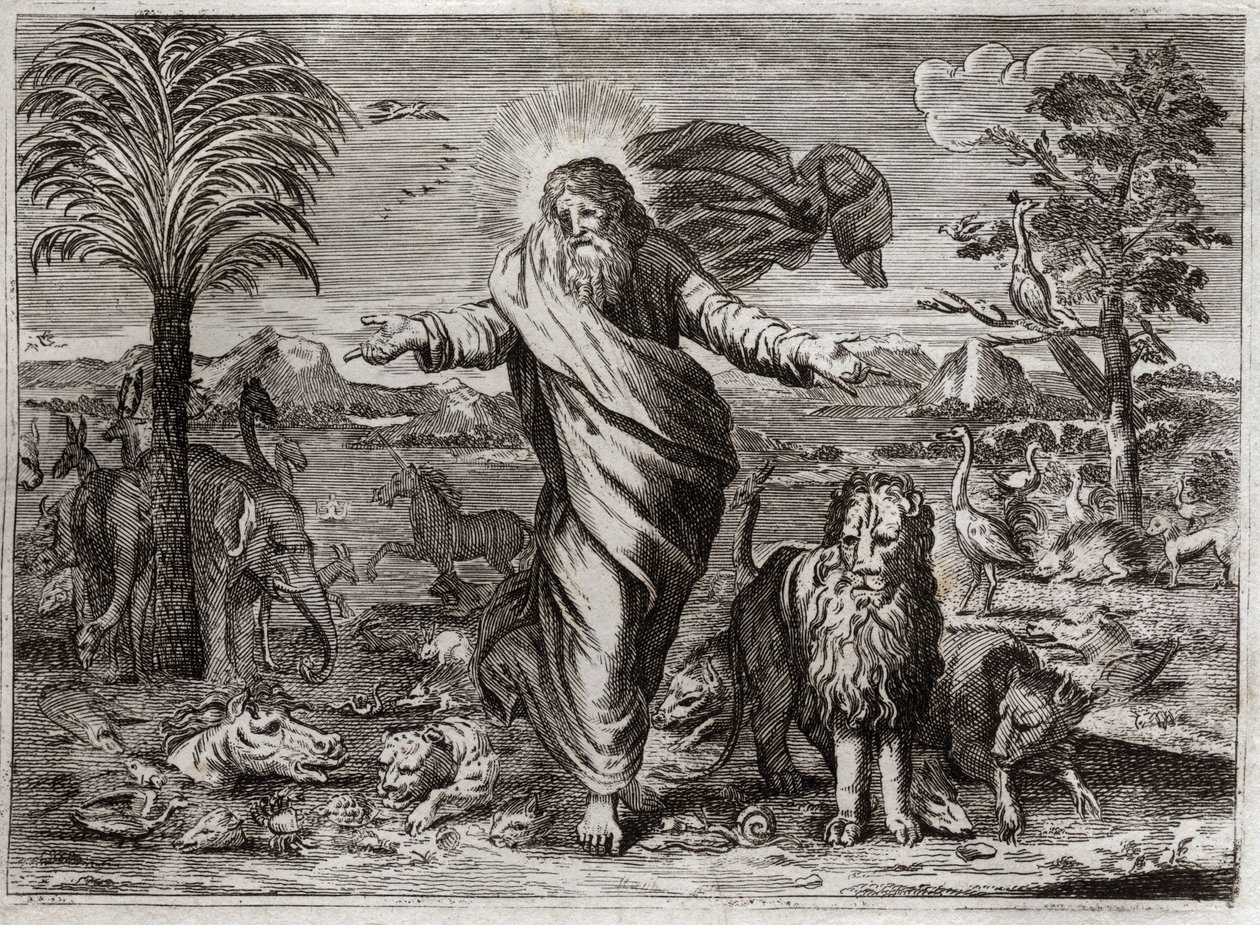 Bijbel van Royaumont, Oude Testament: Schepping van de Wereld. God haalt Hemel en Aarde uit het niets, en in zes dagen versiert Hij het en bevolkt het met wezens van allerlei soorten. Illustratie uit 1811. door Unknown artist
