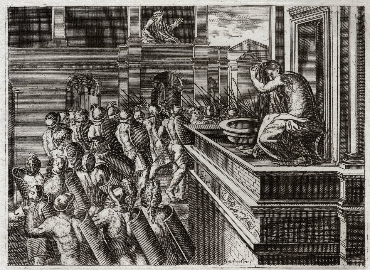 Royaumont Bijbel, Oude Testament: Misdaad van David of Bathseba in het bad. David zag Bathseba van verre, de vrouw van Uria de Hethiet, baden, en kreeg een slechte begeerte naar haar, en doodde toen haar man Uria. Illustratie door Unknown artist