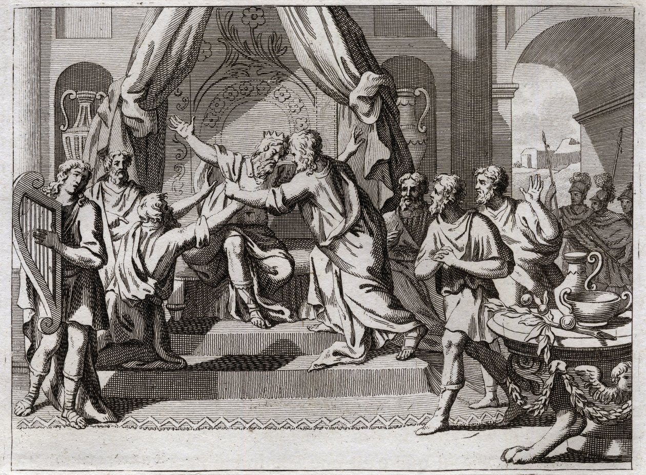 Bijbel van Royaumont, Oude Testament: David speelt de harp. Saul, door God verworpen, wordt gegrepen door de kwade geest. We zoeken een man die de harp kan bespelen om hem in zijn kwaad te verlichten. Illustratie uit 1811. door Unknown artist