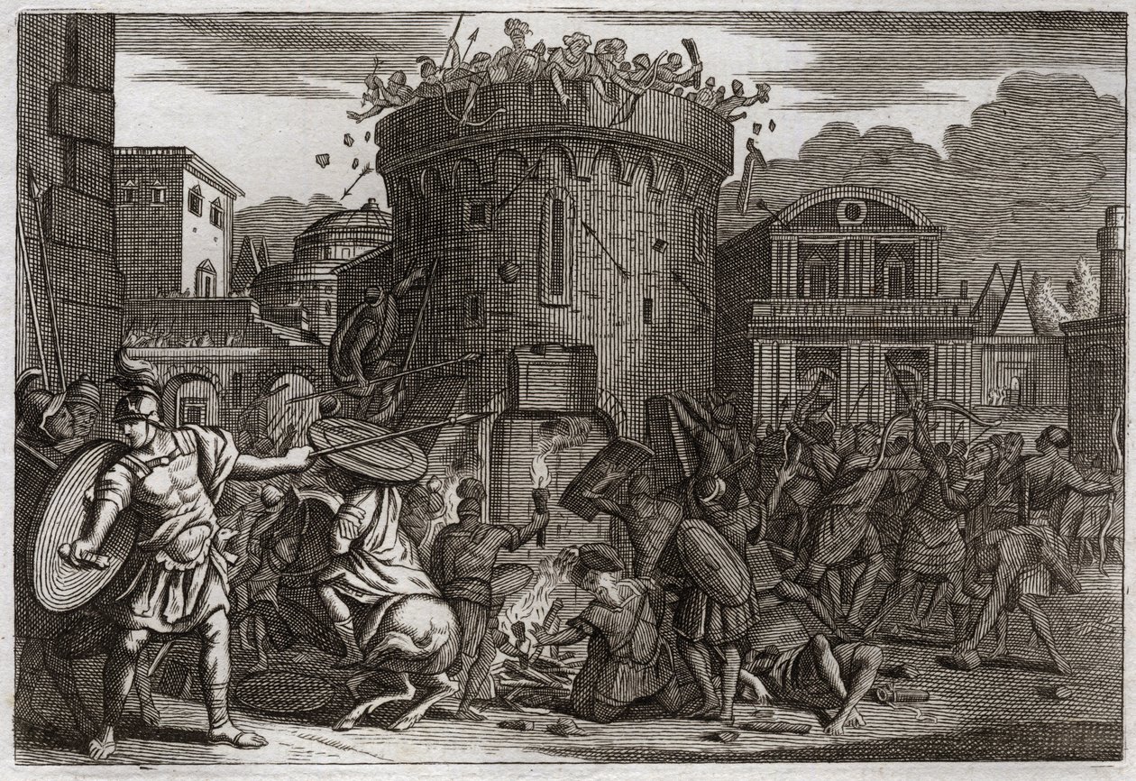 Bijbel van Royaumont, Oude Testament: De dood van Abimelech. Abimelech wordt gedood door een vrouw die hem met een steen verplettert bij het beleg van Tebetz. Illustratie uit 1811. door Unknown artist