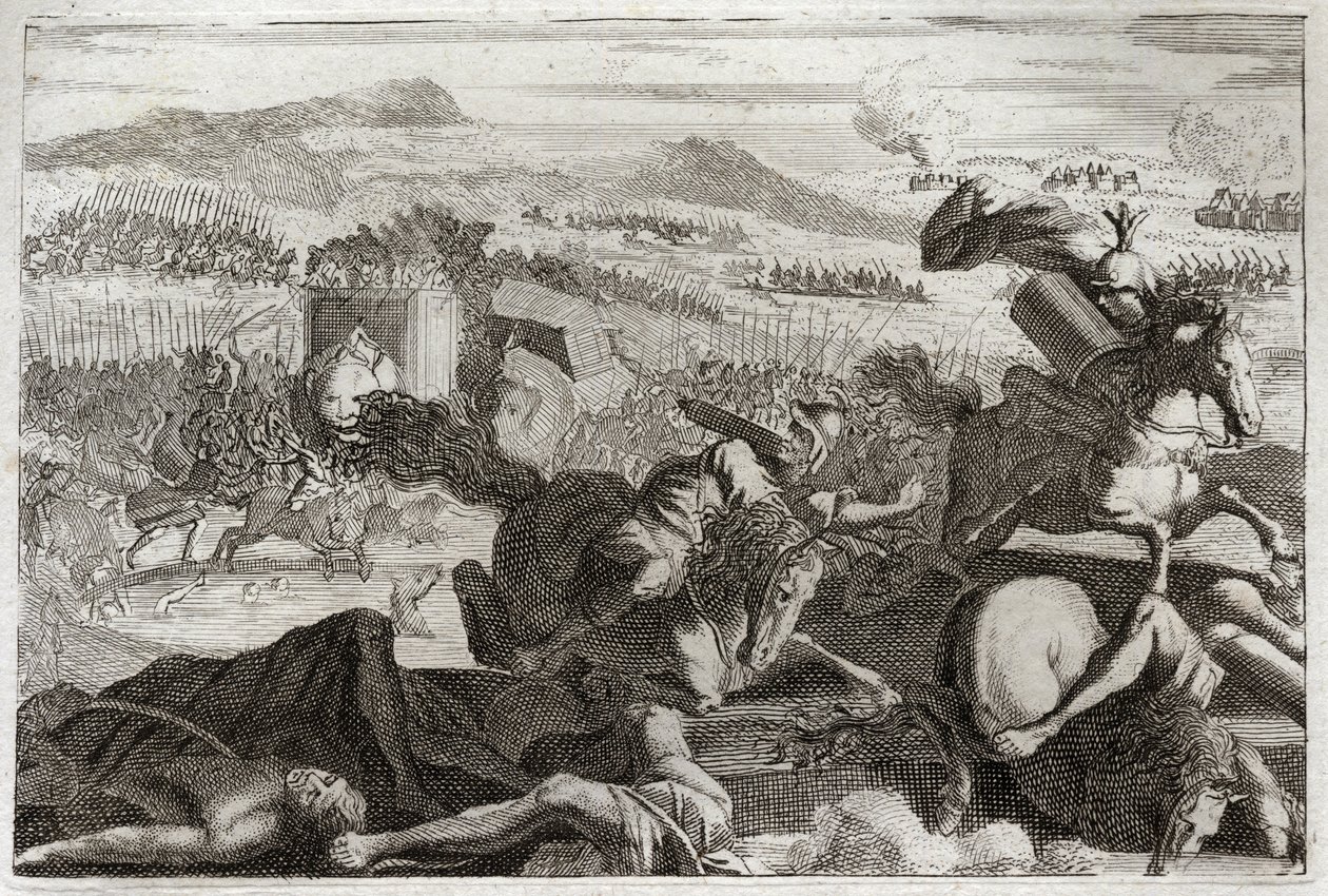 Bijbel van Royaumont, Oude Testament: Dood van Judas. Nederlaag van Demetrios I Soter en Nicanor. Dood van Judas Machabee (Maccabee, Macabee) in de strijd. Illustratie uit 1811. door Unknown artist