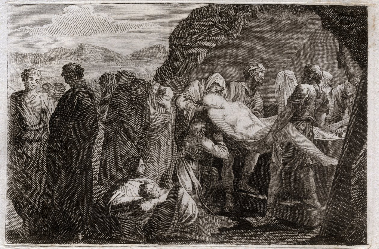 Bijbel van Royaumont, Oude Testament: Dood van Sara. Sara (Sarah) sterft. Abraham koopt een graf uit de stad Geth om haar te begraven. Illustratie uit 1811. door Unknown artist