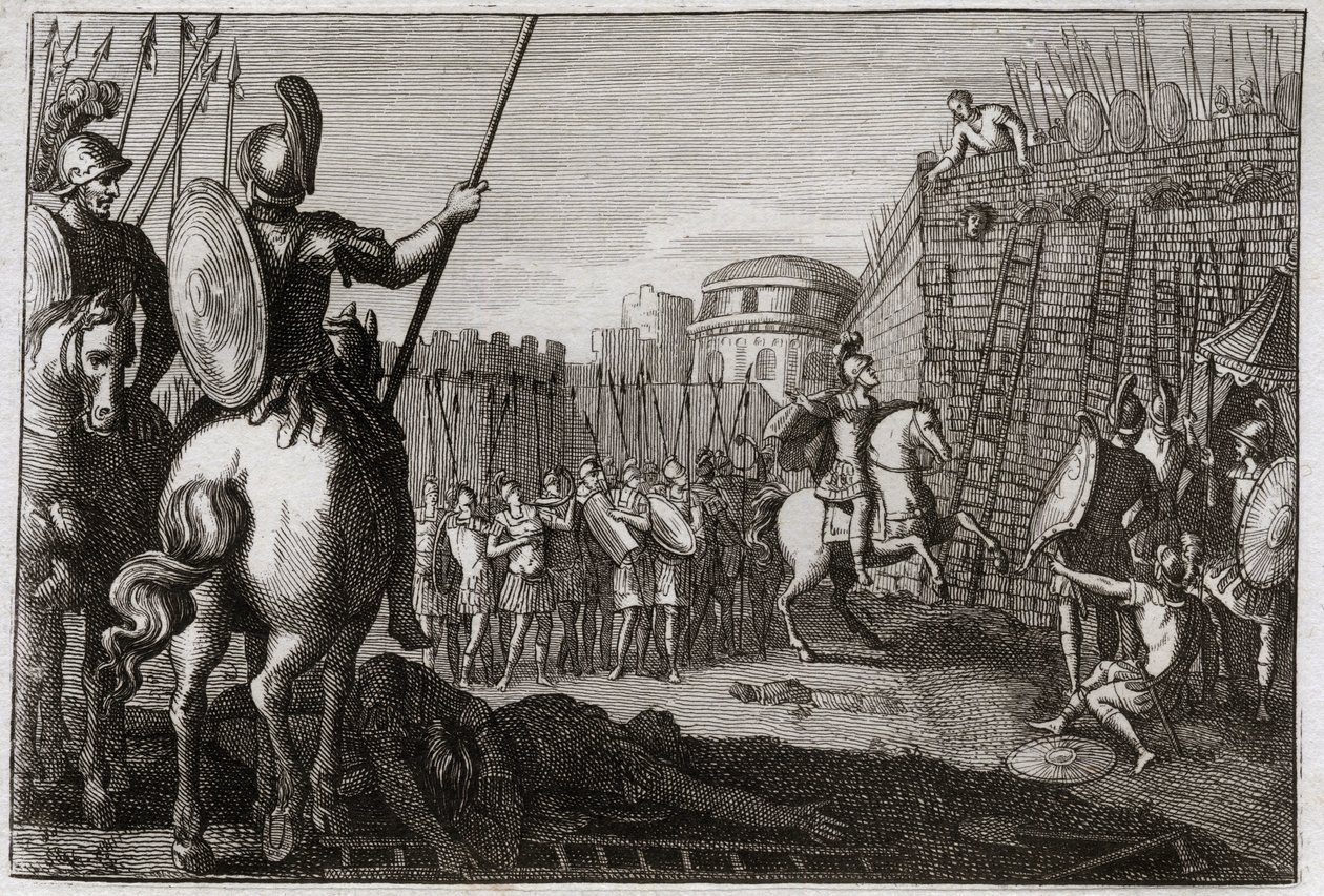 Bijbel van Royaumont, Oude Testament: Dood van Seba. En Seba (Sheba) kwam in opstand tegen David en nam de tien stammen mee, en Joab achtervolgde hem in Abela, waar zijn hoofd werd afgehakt op advies van een vrouw. Illustratie uit 1811. door Unknown artist