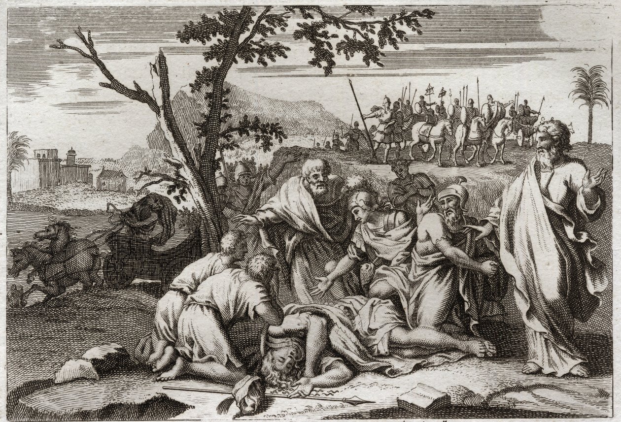 Bijbel van Royaumont, Oude Testament: Dood van de slechte Antiochus. De verschrikkelijke dood van koning Antiochus IV Epiphanes (175-164 v.Chr.) na een val van een paard. Illustratie uit 1811 door Unknown artist