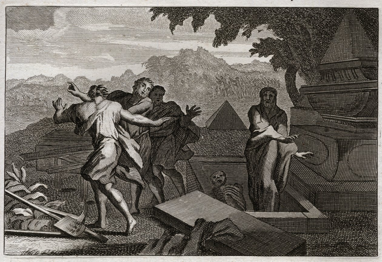 Bijbel van Royaumont, Oude Testament: Dood herrijst. Een dode man werd per ongeluk bij het graf van Elisa neergelegd, en hij herrees door het aanraken van zijn botten. Illustratie uit 1811. door Unknown artist