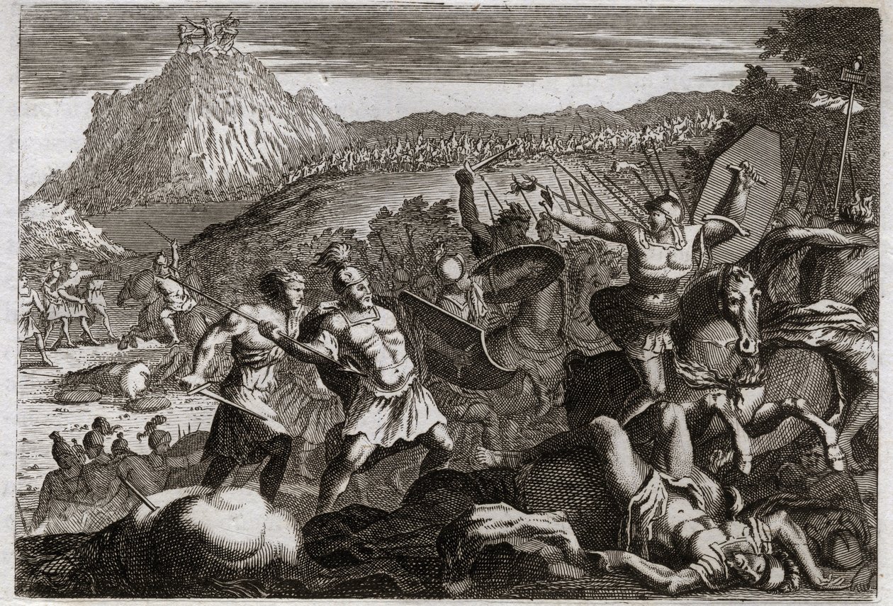 Royaumont Bijbel, Oude Testament: Nederlaag van Amalek. Mozes behaalde de overwinning op de Amalekieten door zijn handen hoog in de hemel te houden. Illustratie uit 1811. door Unknown artist
