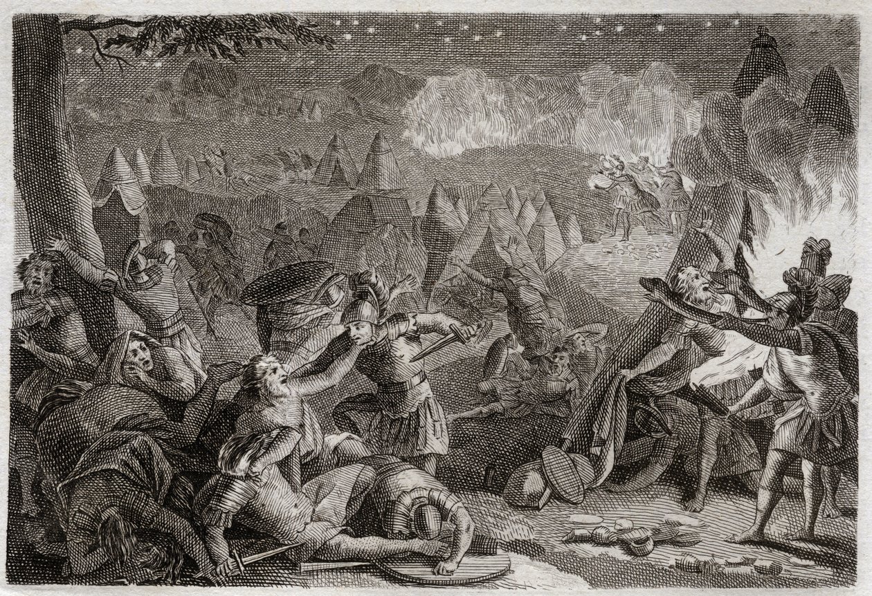 Bijbel van Royaumont, Oude Testament: Nederlaag van de Midianieten door het geluid van de trompetten en de lichten van de lampen. Illustratie uit 1811. door Unknown artist