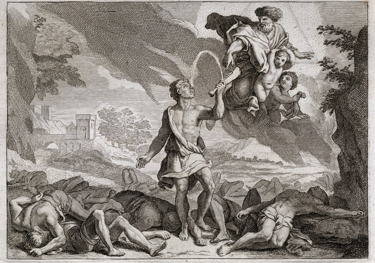 Bijbel van Royaumont, Oude Testament: Nederlaag van de Filistijnen. Simson doodt duizend Filistijnen met een ezelskaak. God laat water uit de kaak stromen zodat Simson zijn dorst kan lessen. Illustratie uit 1811. door Unknown artist