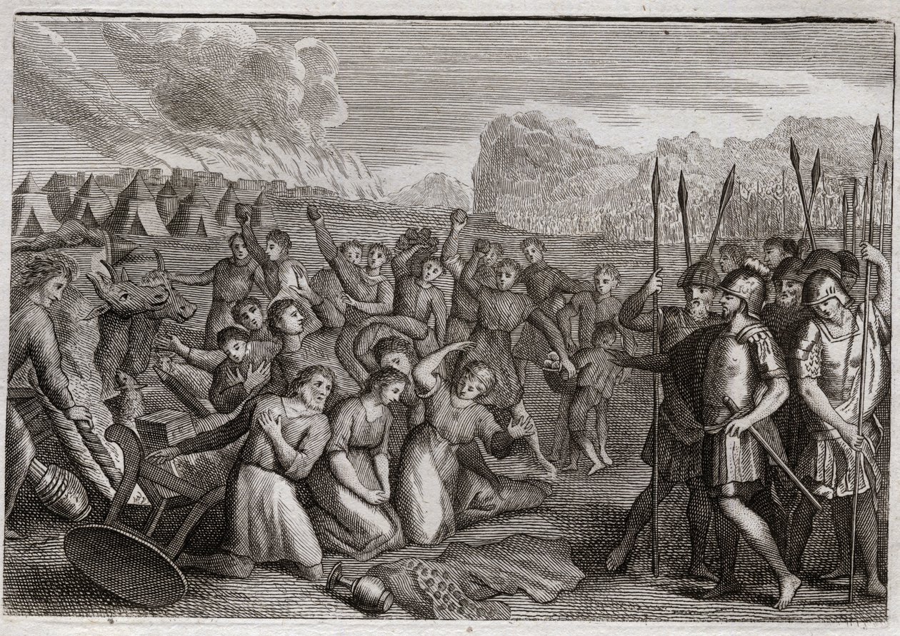 Bijbel van Royaumont, Oude Testament: Vernietiging van Hai. Jozua, na de verwoesting van Jericho, valt de stad Hai aan, waar hij eerst wordt teruggedreven vanwege de misdaad van Akan, maar na de straf van Akan neemt hij de stad in. Illustratie uit 1811 door Unknown artist