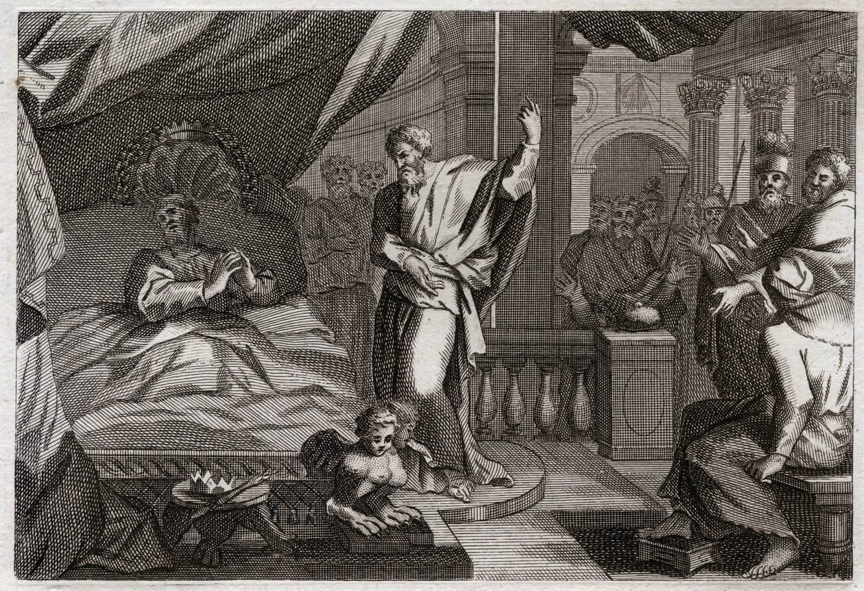 Bijbel van Royaumont, Oude Testament: Ezechias ontvangt gezondheid. Koning Ezechias was doodziek, ontving gezondheid en nog vijftien jaar leven. De profeet Jesaja kondigt zijn oorlog aan: het teken zal zijn om de schaduw van de klok tien graden terug te du door Unknown artist