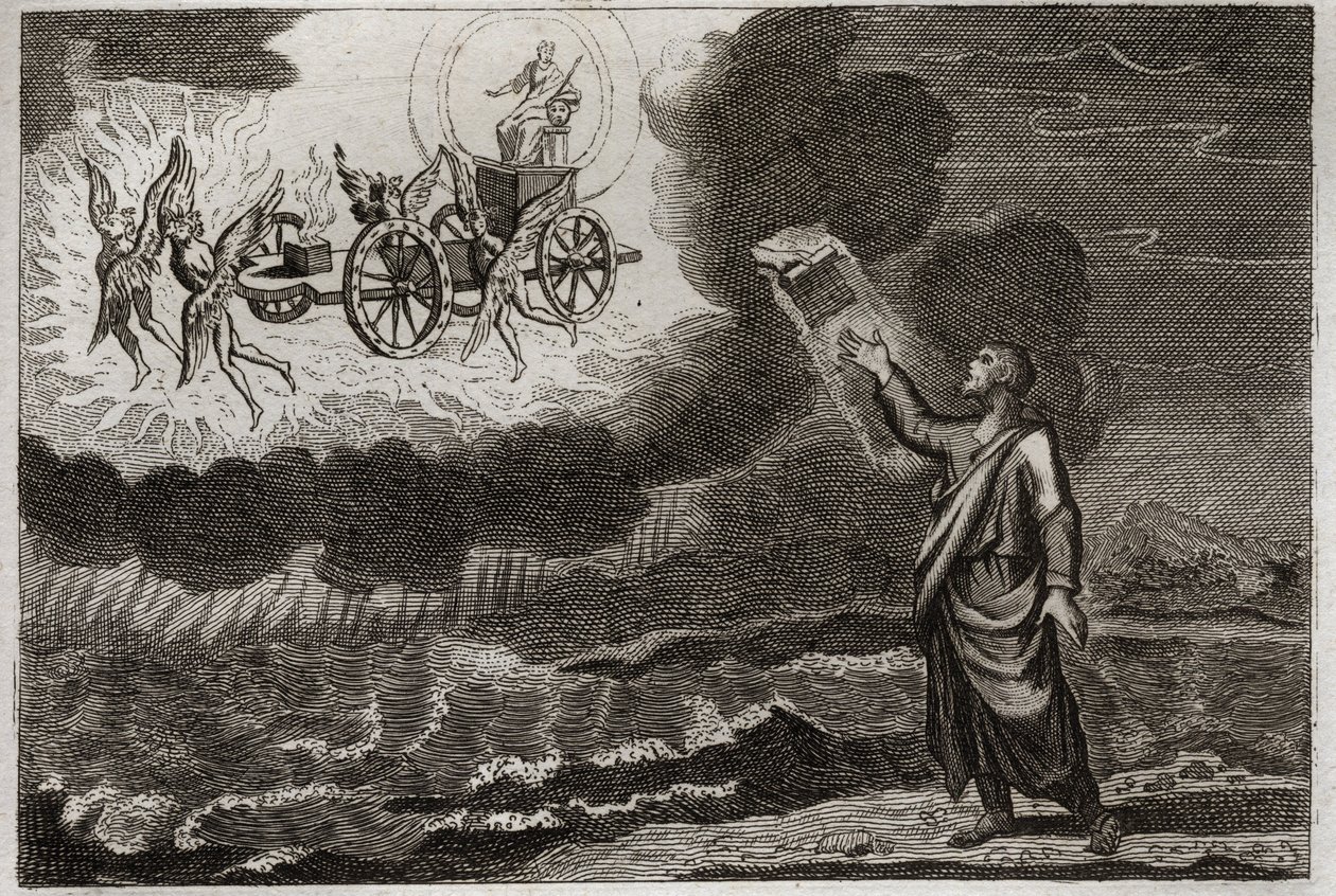 Bijbel van Royaumont, Oude Testament: Ezechiël profeet. De heilige profeet had een visioen waarin de Heer aan hem verscheen op een wagen, gedragen door vier cherubijnen (tetramorf). Illustratie uit 1811. door Unknown artist