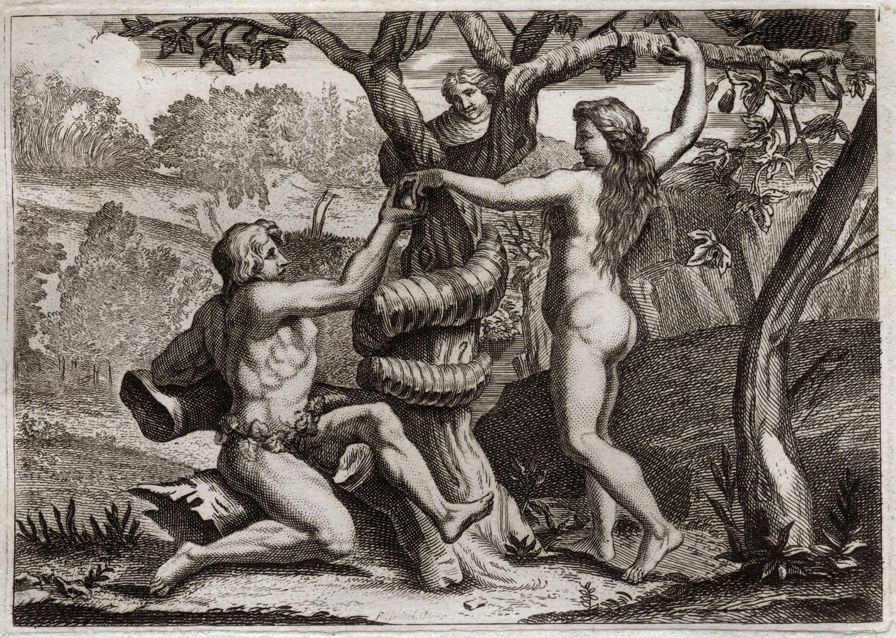 Bijbel van Royaumont, Oude Testament: De Val van Adam. De demon onder de gedaante van een slang spreekt tot Eva en verleidt haar om verboden vrucht te eten: Eva valt en veroorzaakt ook de val van Adam. Illustratie uit 1811. door Unknown artist