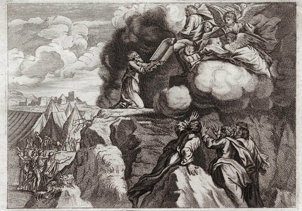Royaumont Bijbel, Oude Testament: Eerste Tafelen van de Wet. God geeft de Wet aan zijn volk op de berg Sinaï. Mozes ontvangt de 10 Geboden uit de handen van God. Illustratie uit 1811. door Unknown artist