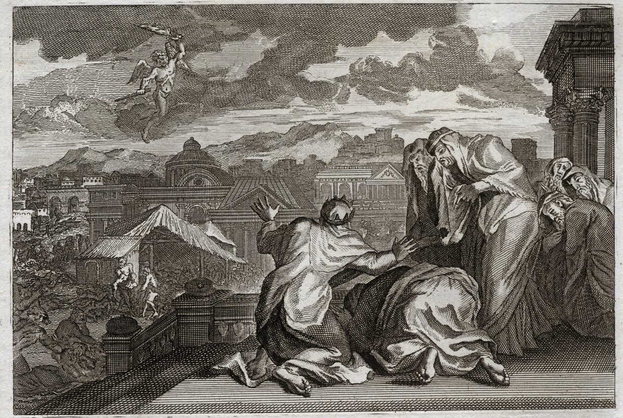 Bijbel van Royaumont, Oude Testament: Vloek van de Pest. En David, die de schaduw van al zijn volk had gemaakt door een ijdele beweging, God treft zijn koninkrijk met een pest die in drie dagen zeventigduizend mannen doodt. Illustratie uit 1811. door Unknown artist
