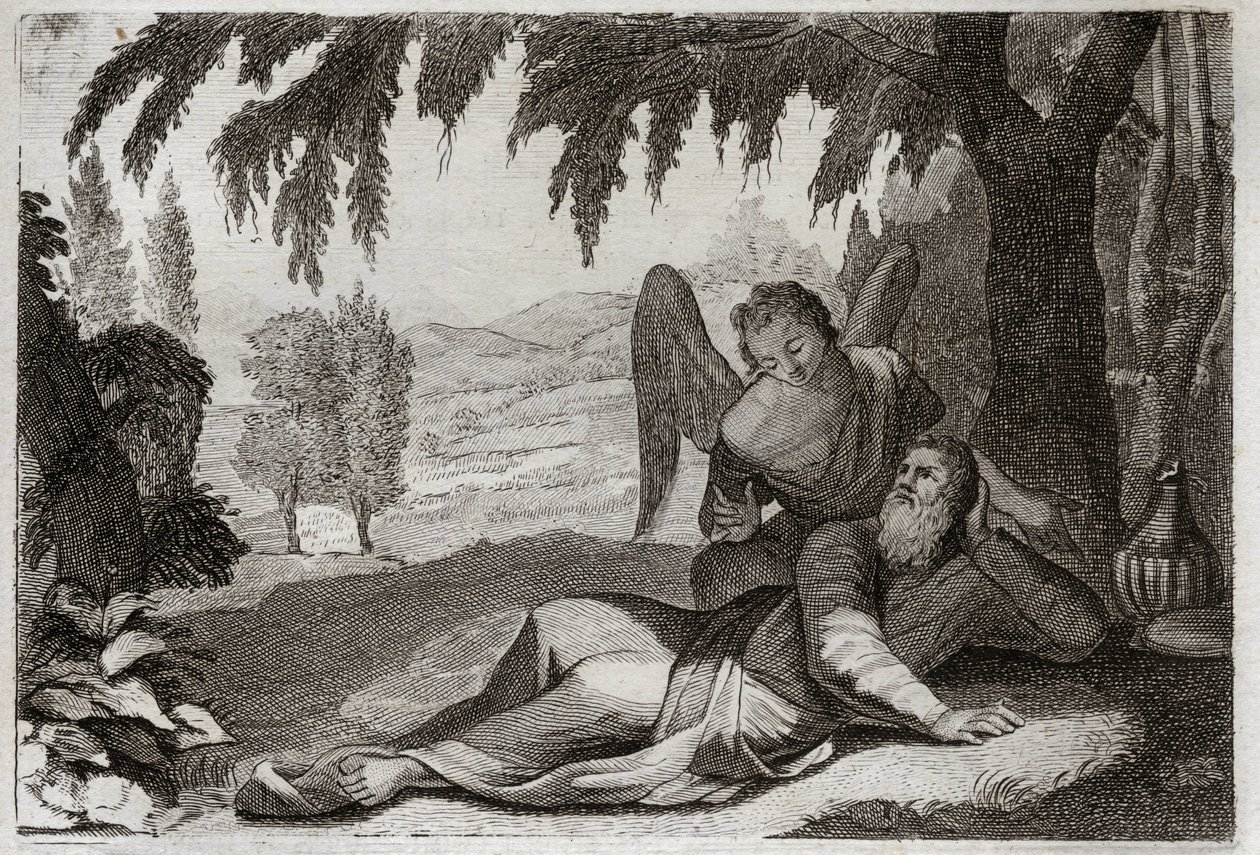Bijbel van Royaumont, Oude Testament: Vlucht van Elia. Elia vlucht voor de woede van Izebel, die wraak op hem wilde nemen voor de dood van haar valse profeten, en wordt in de woestijn ondersteund door een engel die hem voedsel brengt. Illustratie uit 1811. door Unknown artist