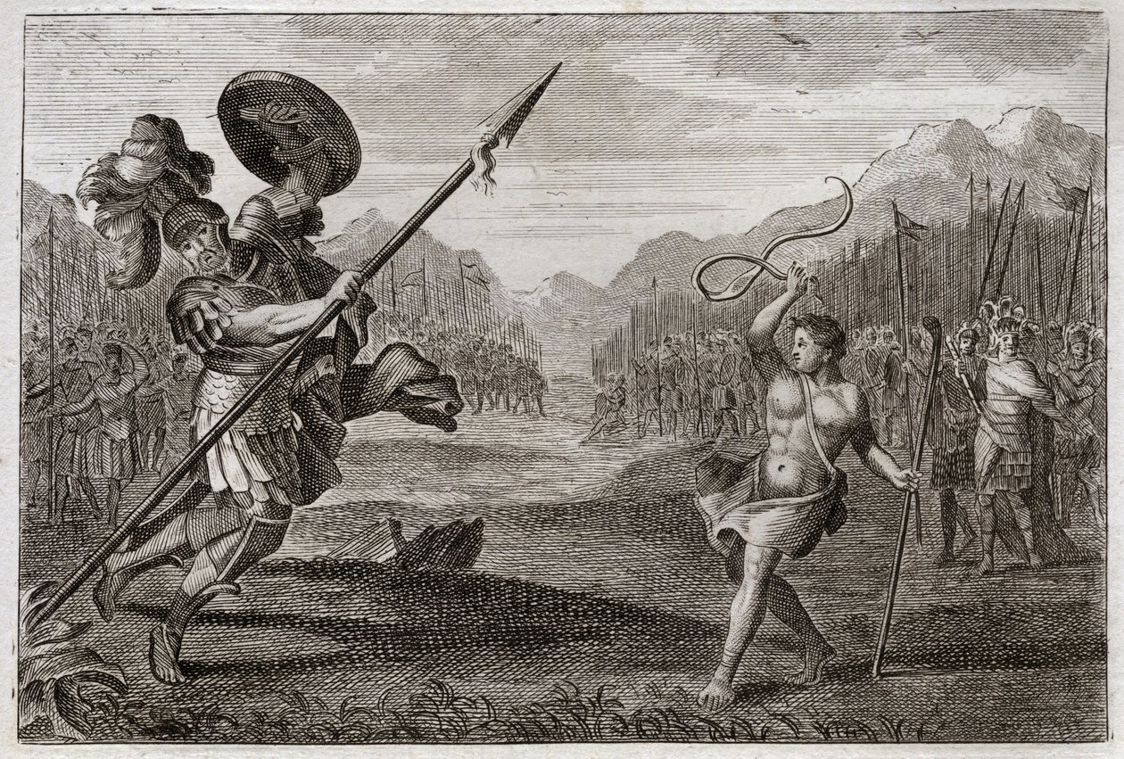 Bijbel van Royaumont, Oude Testament: Reus Goliath. Goliath, Filistijn, van buitengewone grootte, wordt verslagen door David, gewapend alleen met een slinger en een stok. Illustratie uit 1811. door Unknown artist