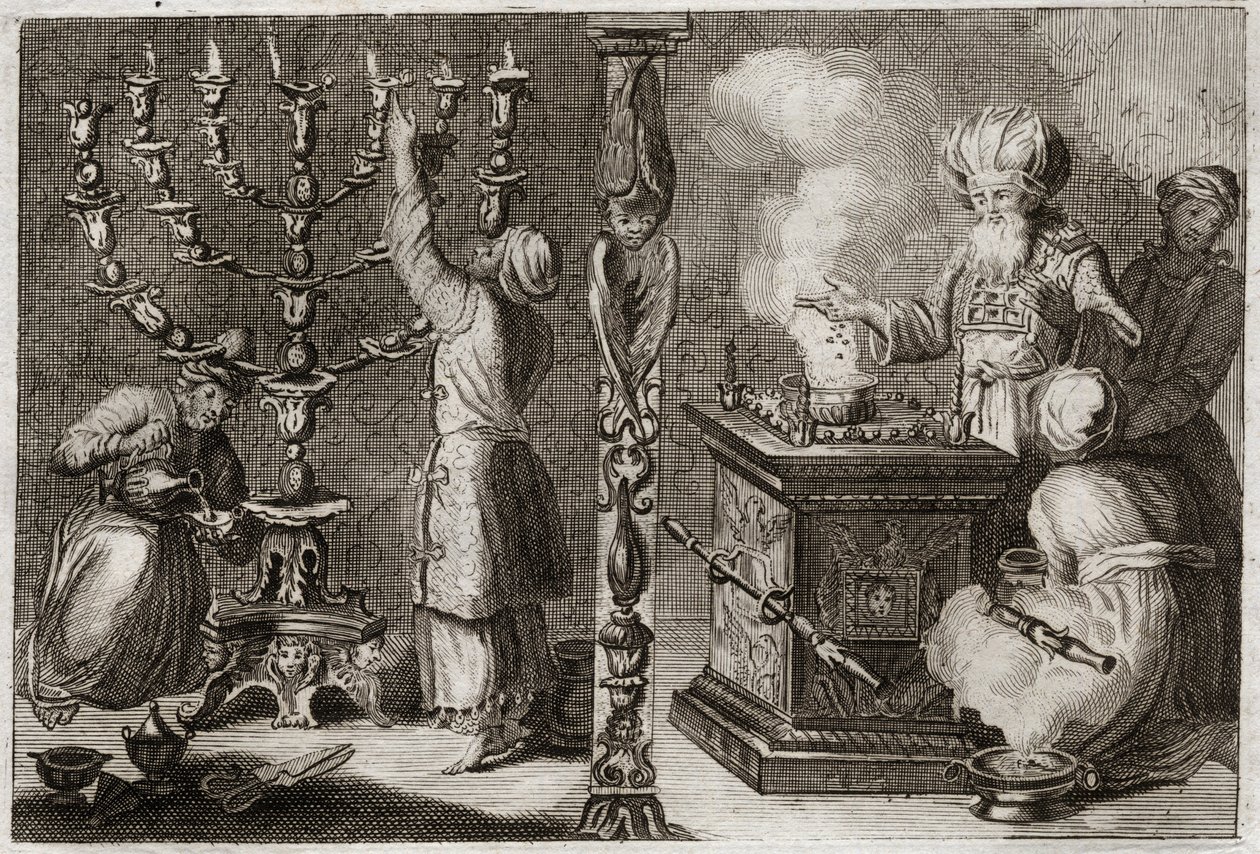Royaumont Bijbel, Oude Testament: Gouden kandelaar met zeven armen (menorah) in de Tabernakel. Illustratie uit 1811. door Unknown artist