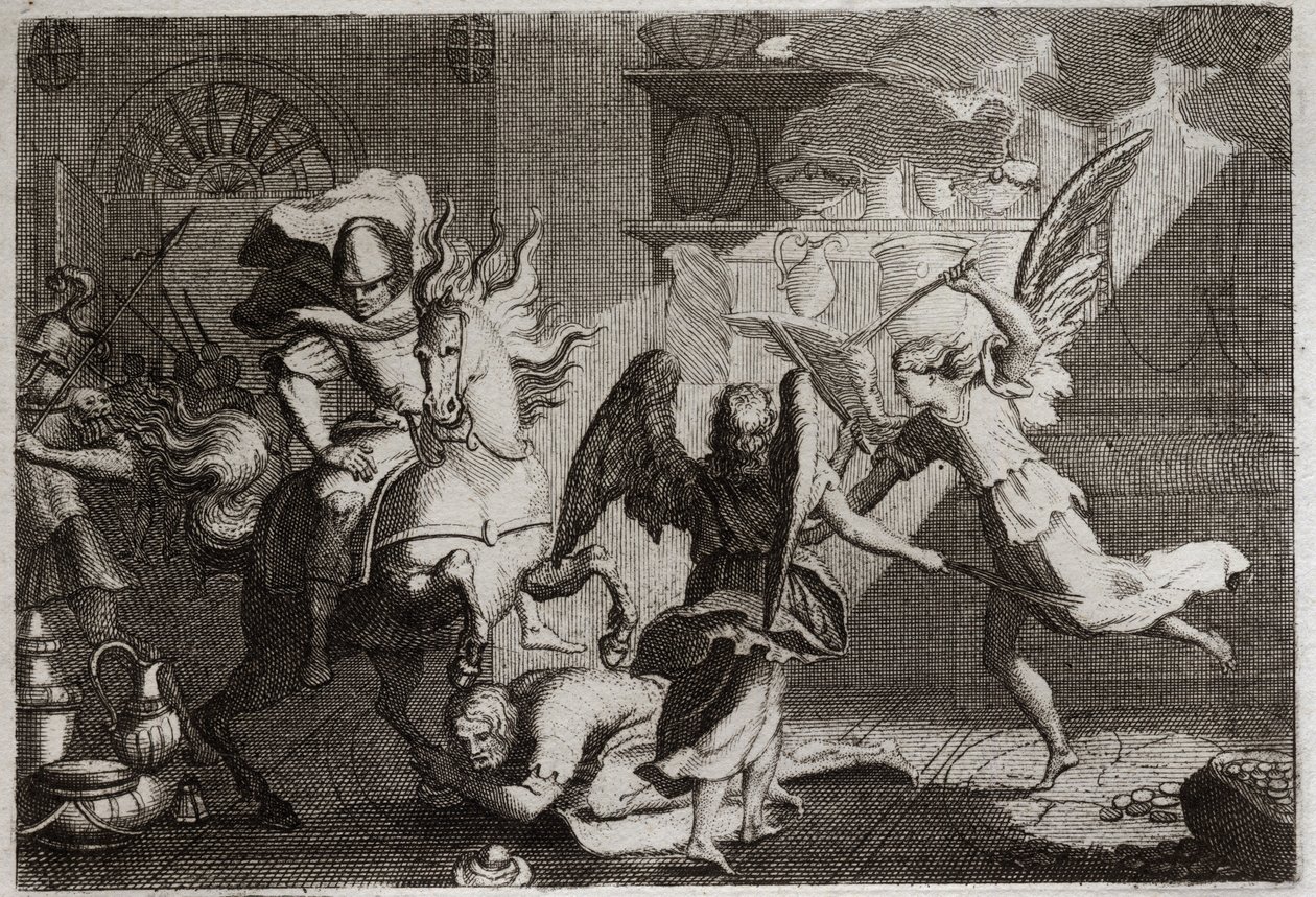 Bijbel van Royaumont, Oude Testament: Heliodorus verjaagt de tempel. Heliodorus, gestuurd door zijn heerser om de Tempel van Jeruzalem te plunderen, werd met stokken geslagen door engelen. Illustratie uit 1811. door Unknown artist