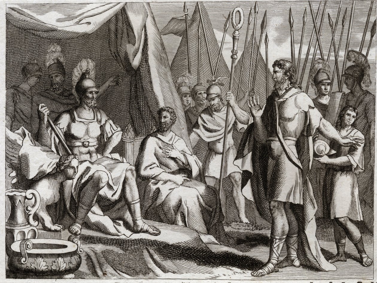 Bijbel van Royaumont, Oude Testament: Holoferne. Generaal van het leger van Nebukadnezar II, Holoferne nadert Judea. Ahior, koning van de Ammonieten, die hem kwam teruggeven, verheft voor Holoferne de macht van de God van de Joden. Illustratie uit 1811. door Unknown artist