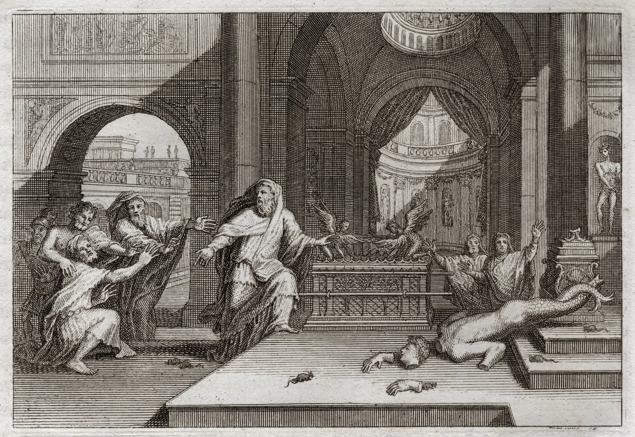 Bijbel van Royaumont, Oude Testament: Afgod van Dagon. En toen de Filistijnen de ark van het verbond in de tempel naast Dagon hun god plaatsten, bracht zij hun afgod ten val en sloeg hen allen met een zeer zware plaag, die hen dwong haar weg te sturen. Ill door Unknown artist
