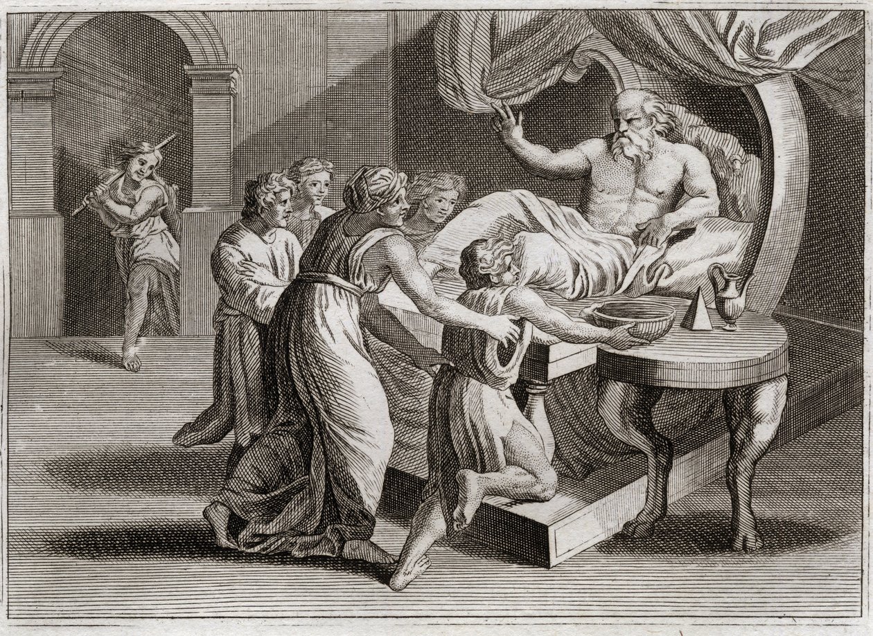 Bijbel van Royaumont, Oude Testament: Isaak zegent Jakob. Isaak, die Esau wilde zegenen, geeft zijn zegen aan Jakob door de wijsheid van Rebekka, aan wie het volgens Gods plan toebehoorde. Illustratie uit 1811. door Unknown artist