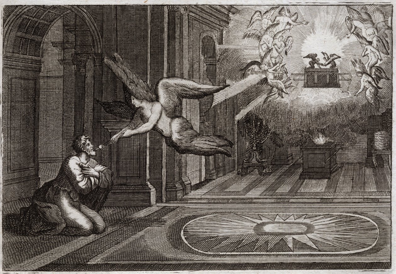 Royaumont Bijbel, Oude Testament: Jesaja profeet. Een serafijn nam met zijn tang een brandende kool van het altaar en raakte de lippen van deze heilige profeet aan om hem van al zijn vlekken te zuiveren. Illustratie uit 1811. door Unknown artist