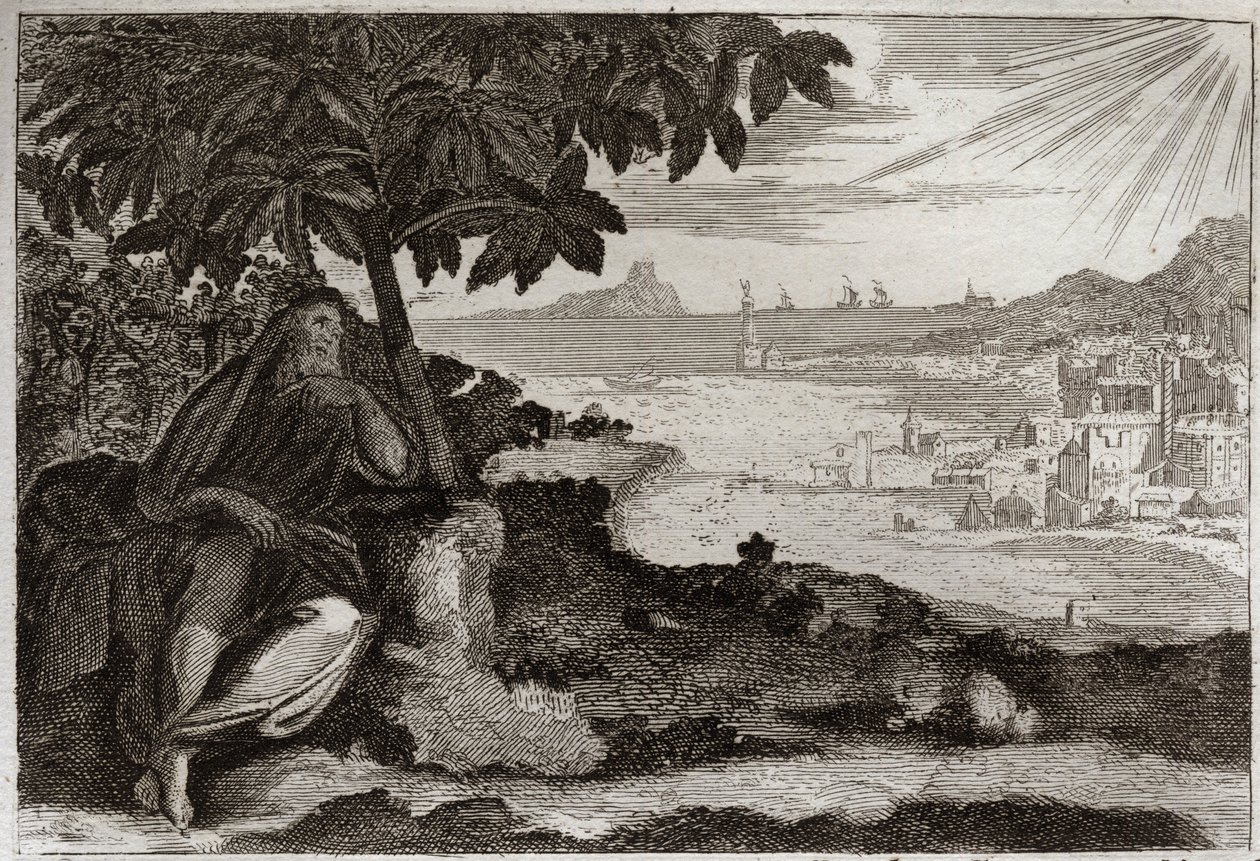Bijbel van Royaumont, Oude Testament: Ivy desseche. God toont door een gevoelig voorbeeld aan zijn profeet Jonas hoeveel hij van mensen houdt en hoeveel pijn hij lijdt wanneer hij gedwongen is hen te straffen. Illustratie uit 1811. door Unknown artist