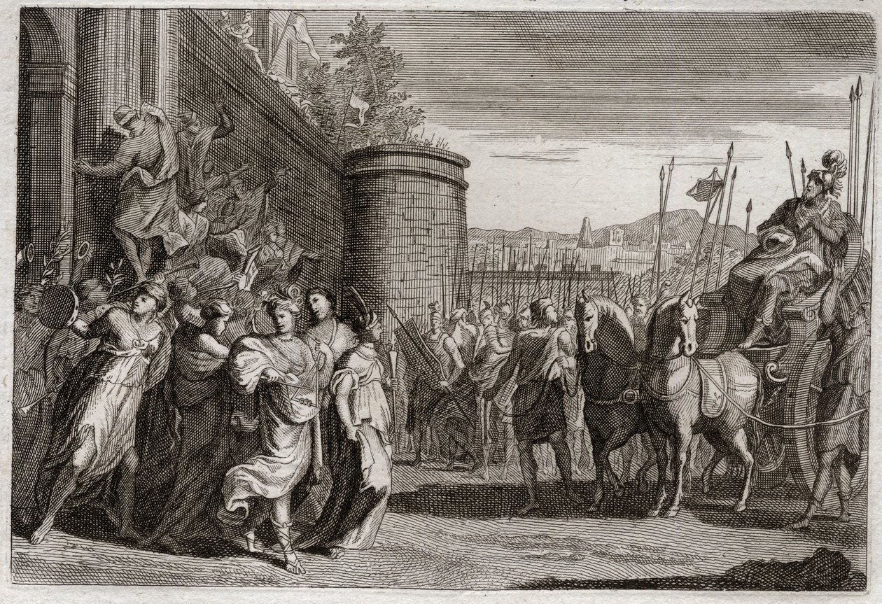 Bijbel van Royaumont, Oude Testament: Jefta offert zijn dochter. Jefta, een van de rechters van Israël, beloofde God de eerste persoon die hem na zijn overwinning tegen de Ammonieten zou ontmoeten te offeren. Het was zijn dochter. Illustratie uit 1811. door Unknown artist