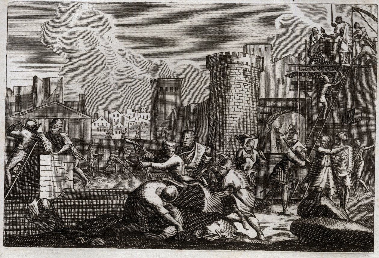 Bijbel van Royaumont, Oude Testament: Herbouw van Jeruzalem. Koning Artaxerxes I stuurde Nehemia naar Jeruzalem met toestemming om alle muren te herbouwen. Illustratie uit 1811. door Unknown artist