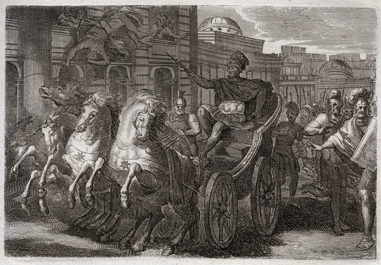 Bijbel van Royaumont, Oude Testament: Jezabel eet honden. Jehu laat Jezabel uit een raam gooien, en ze wordt opgegeten door honden. Illustratie uit 1811. door Unknown artist
