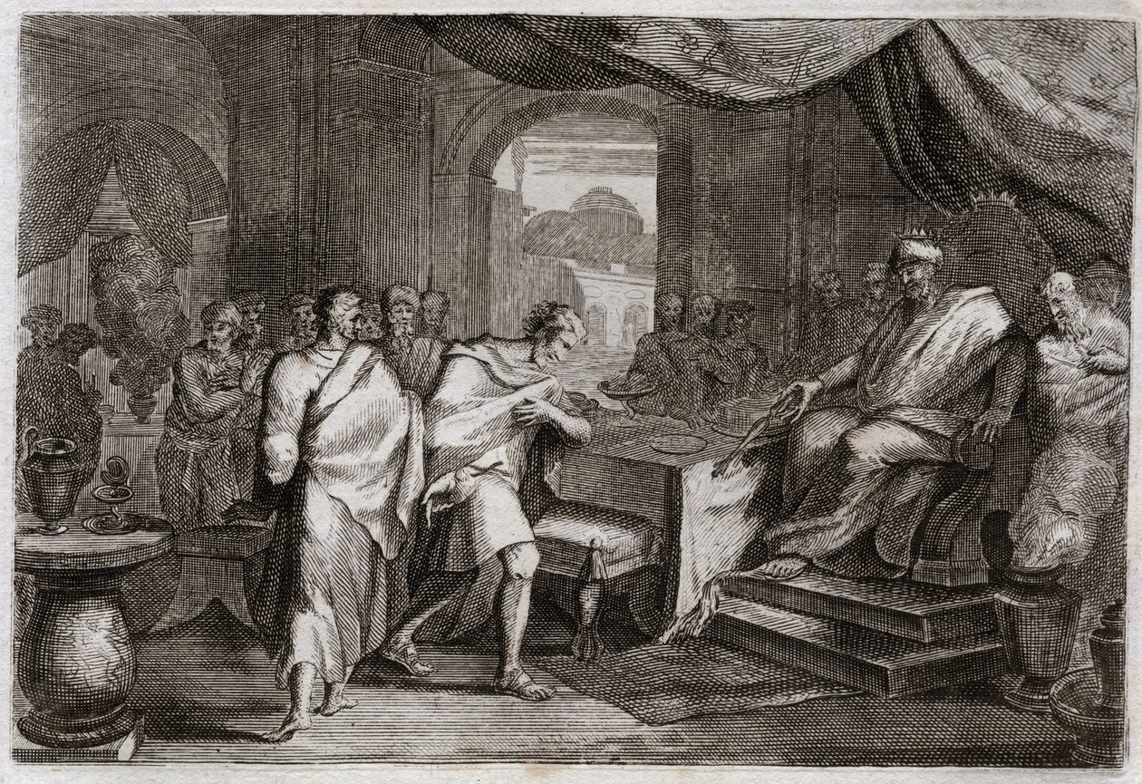 Bijbel van Royaumont, Oude Testament: Joachim bevrijd uit ketenen. Evilmerodach, koning van Babylon, behandelt Joachim, de voormalige koning van Juda, goed na de dood van Nebukadnezar II en bevrijdt hem uit ketenen. Illustratie uit 1811. door Unknown artist