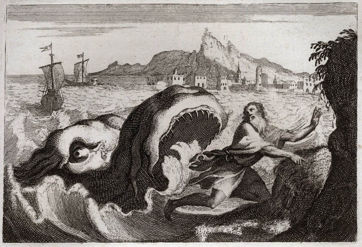 Bijbel van Royaumont, Oude Testament: Jona in de walvis. Profeet Jonas leeft in een walvis en komt er levend uit. Illustratie uit 1811. door Unknown artist